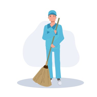 Erkek temizlikçi, mavi üniformalı hademe elinde süpürge tutuyor.