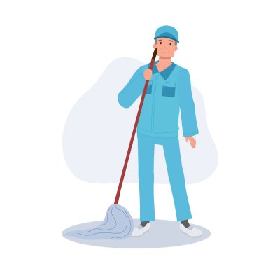 Male Cleaner, janitor Cartoon in Blue Uniform with Mop Cleaning Floors