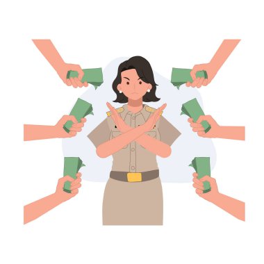 Thai Government Officer Cartoon Refusing Bribe with No Gesture in Anti-Corruption Theme clipart