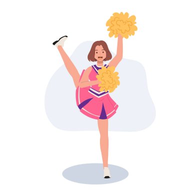 Parlak üniformalı, ponpon tutan enerjik amigo kız. Eğlence ve Spor Projeleri için ideal.