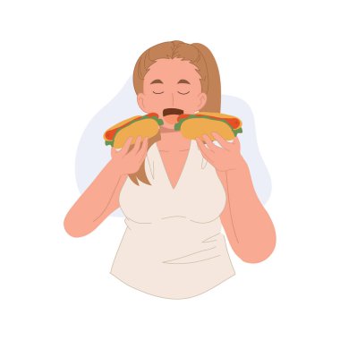 Büyük beden bir kadın fast food yemeğinin keyfini çıkarıyor.. 