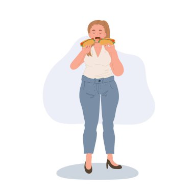 A plus-size woman is happily enjoying her fast food meal.  clipart