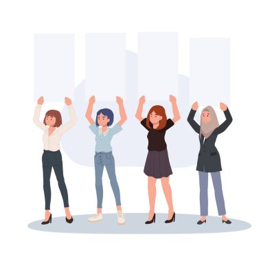 women holding blank signboard for text space, group of diverse women holding blank board, female group teamwork and advertising concept clipart