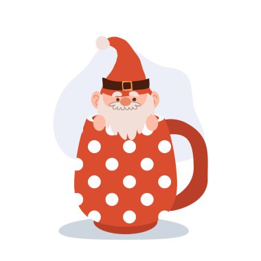 Adorable cartoon Christmas gnome inside a festive mug, perfect for holiday season decor and Christmas artwork clipart