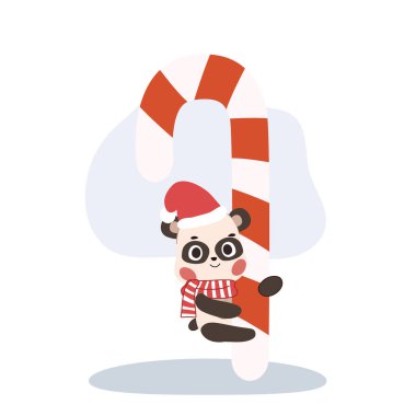 Adorable Christmas Panda Climbing a Candy Cane. Holiday Cartoon Character Design clipart