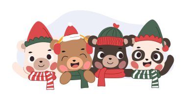 Noel kostümlü, eşarp takan ve neşeli bir kucaklaşmayı paylaşan sevimli çizgi film ayıları..