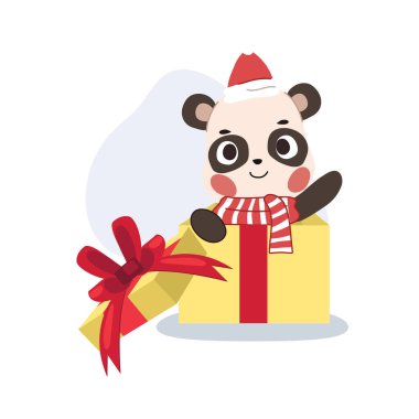 Noel hediyesi kutusundaki şirin çizgi film ayısı, kış temalı giyinmiş. Noel ve tatil için mükemmel.