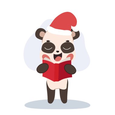 Kawaii Panda çizgi filmi Noel 'de şarkı söylüyor. Kawaii panda kış için giyinmiş, Noel 'de şarkı söylüyor..