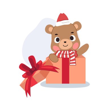 Noel hediyesi kutusundaki şirin çizgi film ayısı, kış temalı giyinmiş. Noel ve tatil için mükemmel.