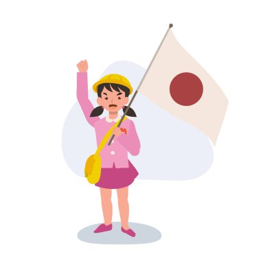 Anaokulu üniformalı genç kız Japon bayrağı sallıyor.