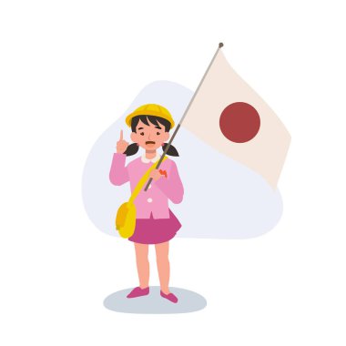 Okul üniformalı genç bir anaokulu kızı Japon bayrağını taşıyor ve Japon kültürünü ve geleneklerini tanıtıyor.