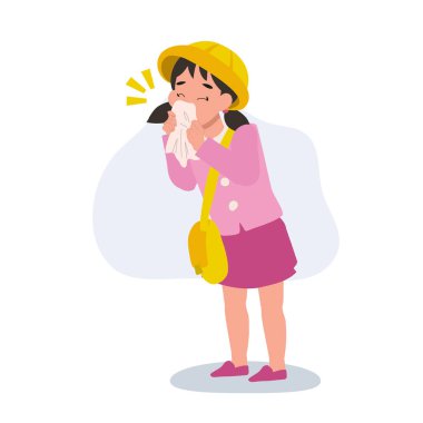 sick child in kindergarten uniform blowing nose with tissue during cold clipart