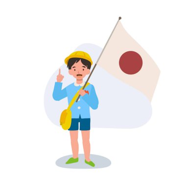 Anaokulu üniformalı çocuk Japon bayrağı taşıyor Japon kültür geleneklerini tanıtıyor.
