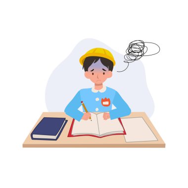 Japon anaokulu çocuğu okul masasında zor ödevlerle boğuşuyor.