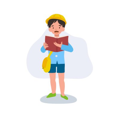 Okul öncesi okul çocuğu okul üniforması içinde kitap okuyor. Eğitim ve Akademik Büyüme Öğrenme