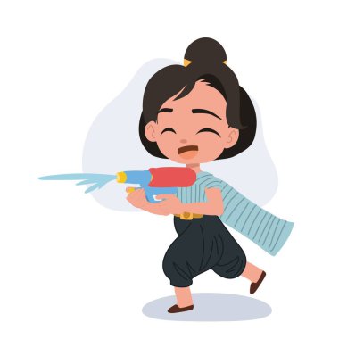 Geleneksel kıyafetli tatlı thai kızı şarkı festivalini Tayland 'da su sıçratarak kutluyor.