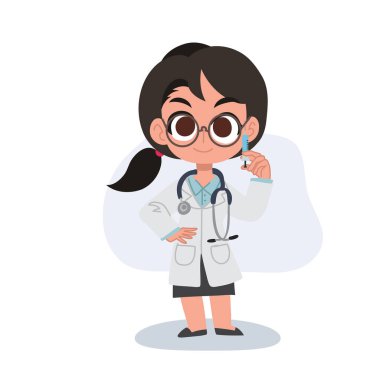 İğne ve aşı için şırınga tutan sevimli bir kadın doktor çizgi filmi. 