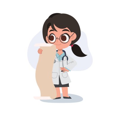 Karikatür kadın doktoru uzun bir listeyi inceliyor. Tıbbi ve sağlık hizmetleri için ideal.