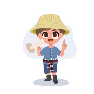 Sevimli çizgi film çiftçisi megafonla bir duyuru yapıyor.