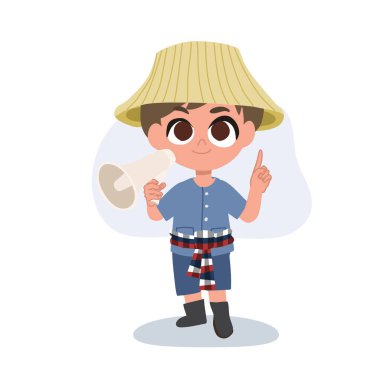 Sevimli çizgi film çiftçisi megafonla bir duyuru yapıyor.