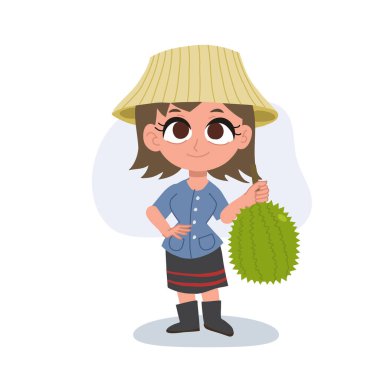 Lezzetli durian meyveli sevimli Taylandlı çiftçi kız.