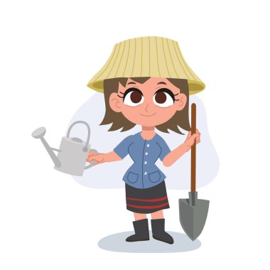 Tay çiftçi kadın çizgi filmi elinde tarım aletleri,