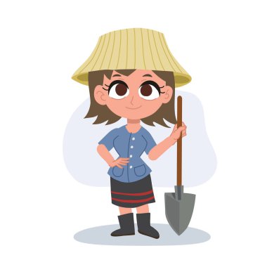 Tay çiftçi kadın çizgi filmi elinde tarım aletleri,
