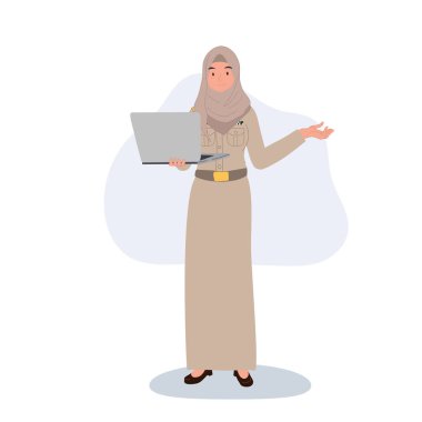 modern education concept. professional thai muslim teacher in hijab explaining lessons with laptop clipart