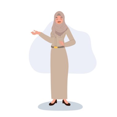 Resmi üniformalı profesyonel Thai müslüman eğitmeni gülümseyerek ve davetkar bir şekilde karşılama pozu veriyor. 