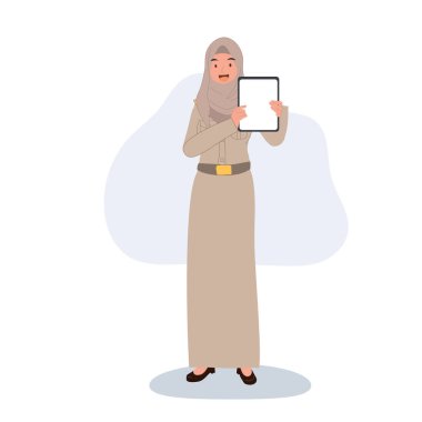 Devlet üniformalı profesyonel Taylandlı Müslüman öğretmen tabletle dersi açıklıyor.