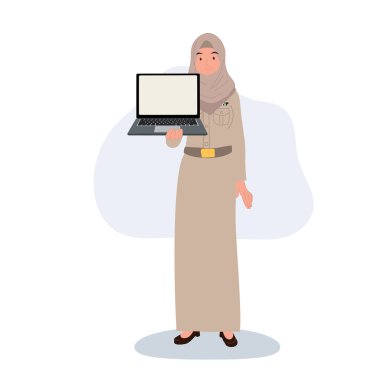 Modern eğitim konsepti. profesyonel Thai müslüman hocası tesettür dersini dizüstü bilgisayarla açıklıyor