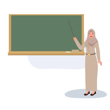 Tayland üniformalı Müslüman kadın öğretmen sınıftaki tahtayı işaret ederek öğrencilere ders veriyor.