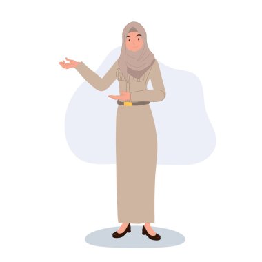 Resmi üniformalı profesyonel Thai müslüman eğitmeni gülümseyerek ve davetkar bir şekilde karşılama pozu veriyor. 