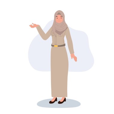 Resmi üniformalı profesyonel Thai müslüman eğitmeni gülümseyerek ve davetkar bir şekilde karşılama pozu veriyor. 