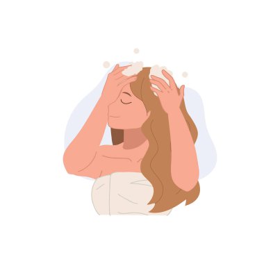 Saç bakımı ve güzellik konsepti. Kadın saçlarını köpüklü şampuanla yıkıyor. Duşun ferahlatıcı saç bakımında, hijyen ve sağlıkta.