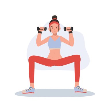 Dambıllarla egzersiz yapan bir kadın. Güç antrenmanı.