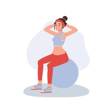 Sağlık ve sağlık kavramı. Yoga topuyla egzersiz yapan bir kadın. 