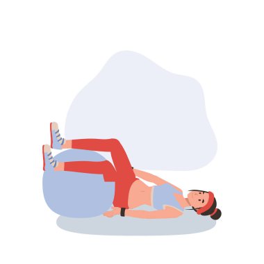 Sağlık ve sağlık kavramı. Yoga topuyla egzersiz yapan bir kadın. 