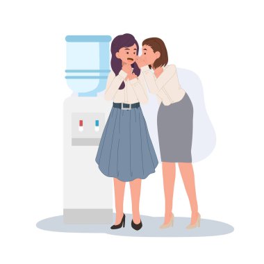 Kadınlar işyerindeki su soğutucusunda sohbet edip dedikodu yapıyorlar. İki bayan iş arkadaşı su soğutucusunda fısıldıyor.