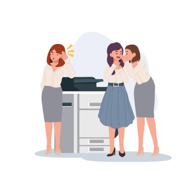 Ofis dedikoduları. İki kadın çalışan fotokopi makinesinin sırlarını paylaşıyorlar. Yakınlarda bir meslektaşlarının dinlediğinden haberleri yok. vektör illüstrasyonu