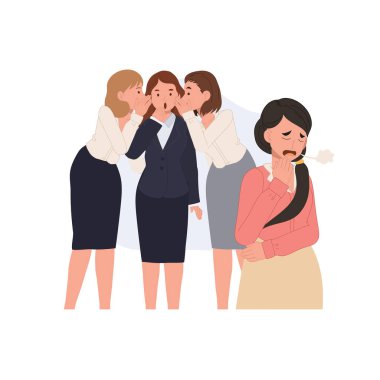 Ofis dedikoduları. Ofiste üç kadın dedikodu yaparken, yakınlarda bir kadın hüsran içinde iç çekiyor. vektör illüstrasyonu