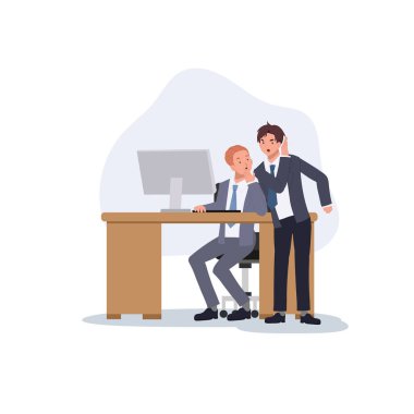 Erkek Meslektaşlar Arası Dedikodu Zamanı. İki erkek ofis çalışanı, biri masasında çalışırken diğeri dedikodu yaparken gelişigüzel iletişim kuruyor. Vektör illüstrasyonu.