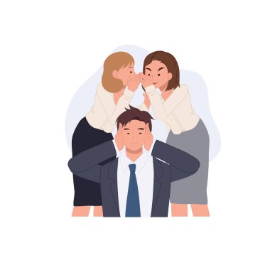 Ofis dedikoduları. İki kadın ve kulakları tıkayan bir erkek iş arkadaşı çatışması ve ofis iletişimini resmediyor