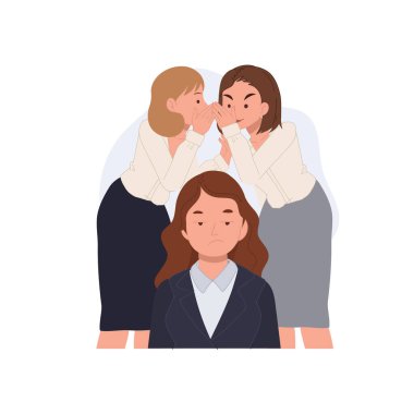 Ofis dedikoduları. İş yerinde rahatsız bir kadının arkasından dedikodu yapan kadın çalışanlar. vektör illüstrasyonu