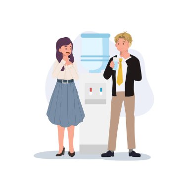 Ofis dedikoduları. İş arkadaşları su soğutucusunda dedikodu yapıyor. vektör illüstrasyonu