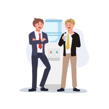 Ofis dedikoduları. İş arkadaşları su soğutucusunda dedikodu yapıyor. vektör illüstrasyonu