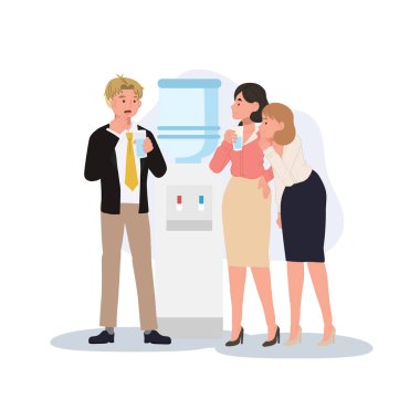 Ofis dedikoduları. İş arkadaşları su soğutucusunda dedikodu yapıyor. vektör illüstrasyonu