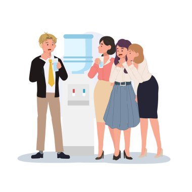 Ofis dedikoduları. İş arkadaşları su soğutucusunda dedikodu yapıyor. vektör illüstrasyonu