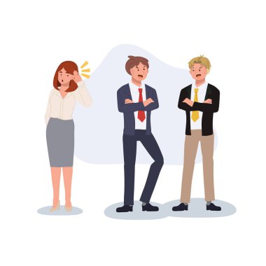 Ofis dedikoduları. İki erkek gizlice konuşuyor ve meraklı kadın ofisi gizlice dinliyor. vektör illüstrasyonu