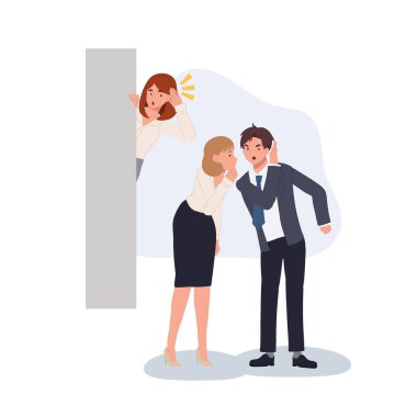 Ofis dedikoduları. Ofis çalışanlarına kulak misafiri olan gizli bir kadın. vektör illüstrasyonu